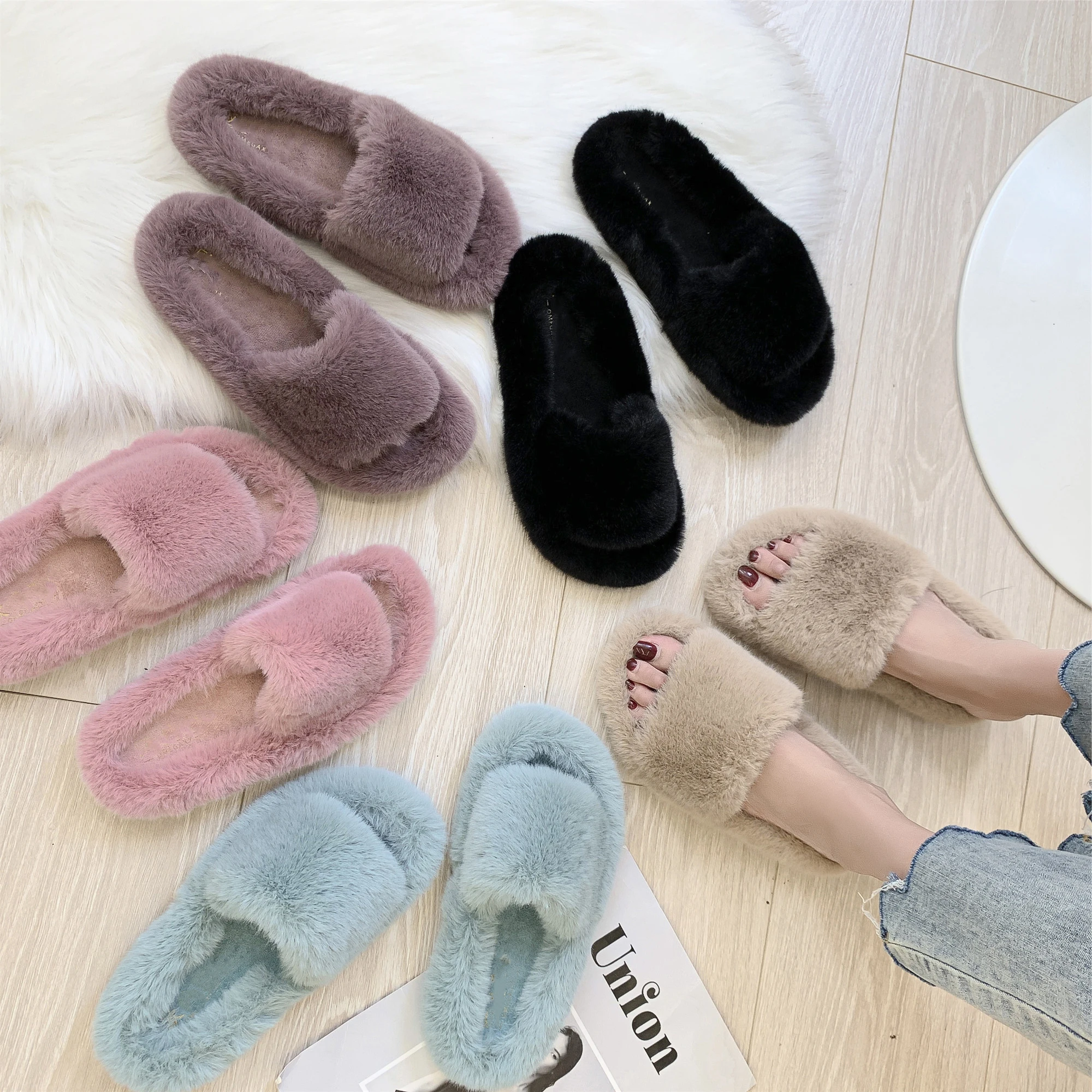 

EOEODOIT Autumn Winter Slippers Soft Fur Cozy Flat Heel Open Toe Women Anti Skid Floor Outside both Wear Slides Drags