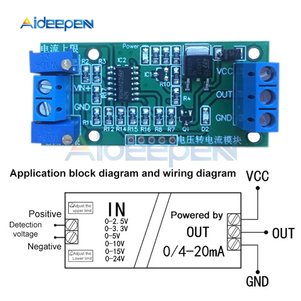 Current Voltage Module 2.5V 3.3V 5V 10V 15V 24V to 4-20mA 0-20mA DC 12V-24V Voltage to Current Module Transmitter Linear Conversion Signal Converter