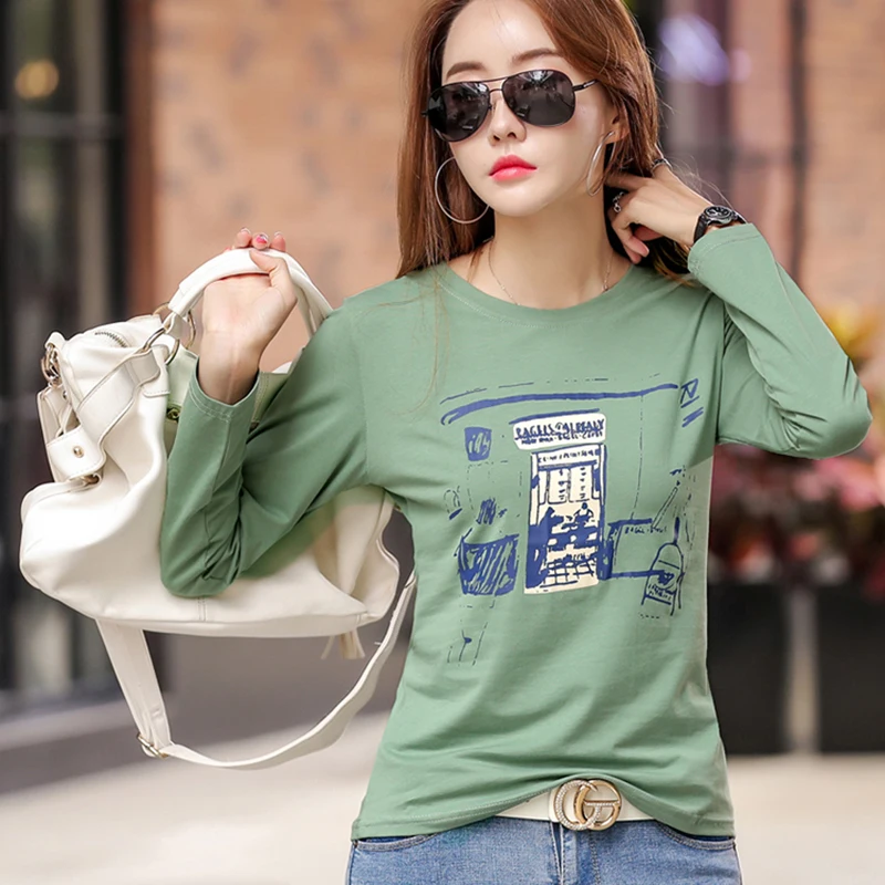 

shintimes Letter Print T-Shirt Long Sleeve Shirt Women Clothes Tshirt Female Korea Fashion 2019 Cotton Casual Tee Shirt Femme