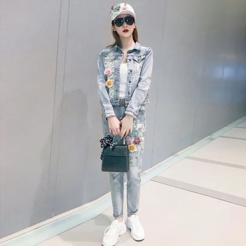 

Light Blue Denim Jacket + Jeans Set Women's Spring Autumn New Personality Outfit Jeans Jacket + Denim Pants Students Denim Sets