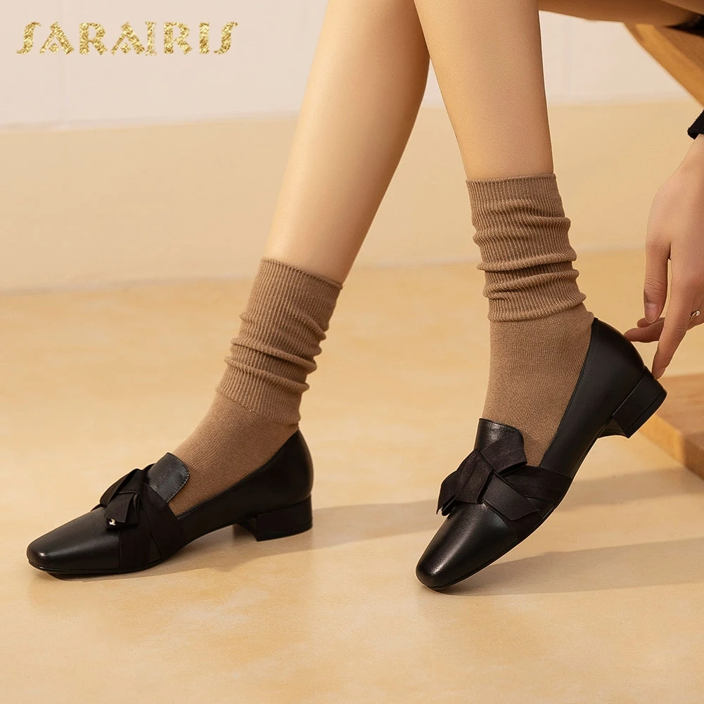 

Sarairis Hot Sale 2020 Genuine Leather Slip-On Butterfly-knot Shoes Woman Pumps Chunky Heels Concise Pumps Women Shoes