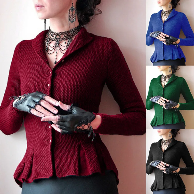 

Cardigan Sweater Women Long Sleeve O Nevk Ruffles Ladies Sweaters Pullovers Knitting Solid Color Button Autumn Winter Coat