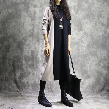 

[EWQ] 2020 New Spring Autumn Fashion Long Sleeve Turtleneck Split Joint Loose Contrast Color Irregular Knitted Dress Woman BL591
