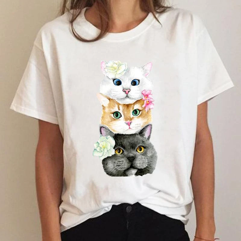 女性のための面白いtシャツ 花と猫の顔 面白い服 ファッショナブル 夏 プリント 半袖 漫画 Tシャツ Aliexpress