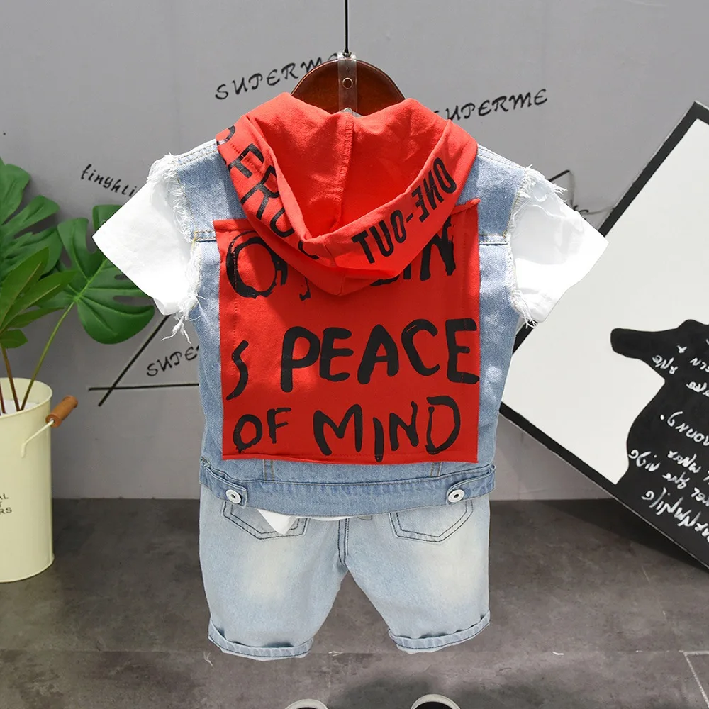 

toddler boy clothes set Summer fashion boys clothes Denim jacket+Denim shorts+t-shirt 3 pcs set patchwork letter hooded set