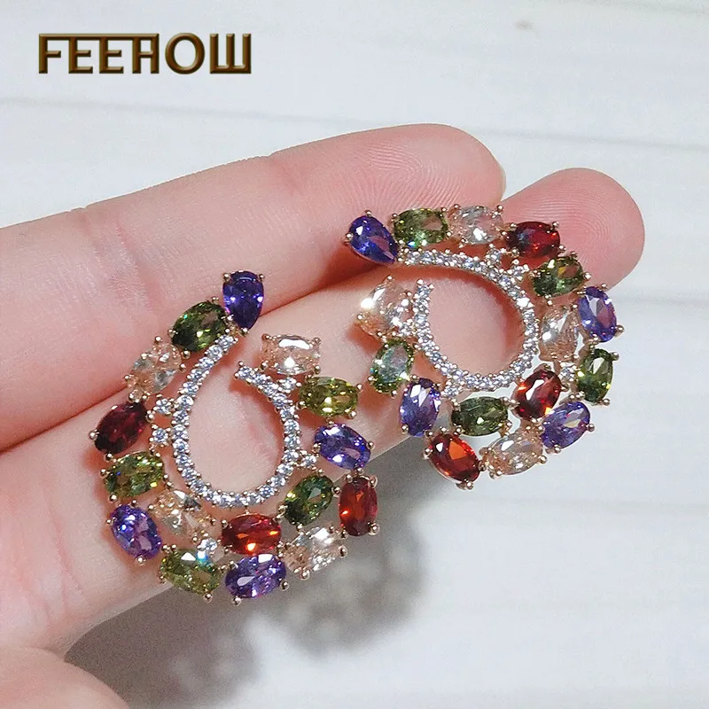 

FEEHOW Korea Style Shining Crystal Big Water Drop Round Stud Earrings Jewelry for Women Wedding FWEP069