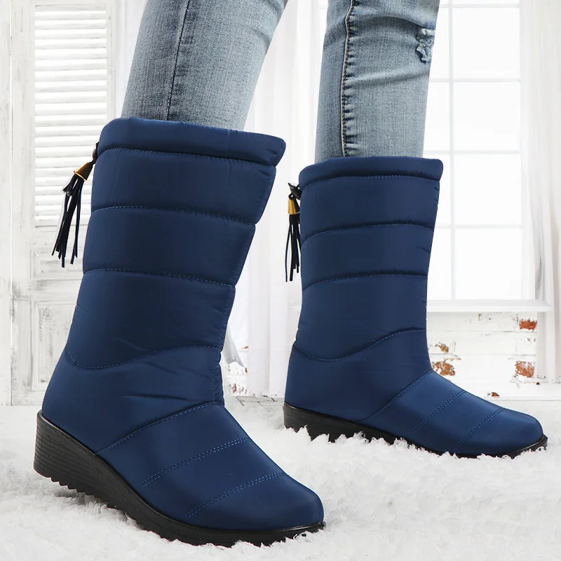 Snow Winter Boots Women Mid-Calf Boots Waterproof Round Toe bottines femme Insoles Ladies Shoes Woman Fringe Down Botas Mujer - Цвет: blue