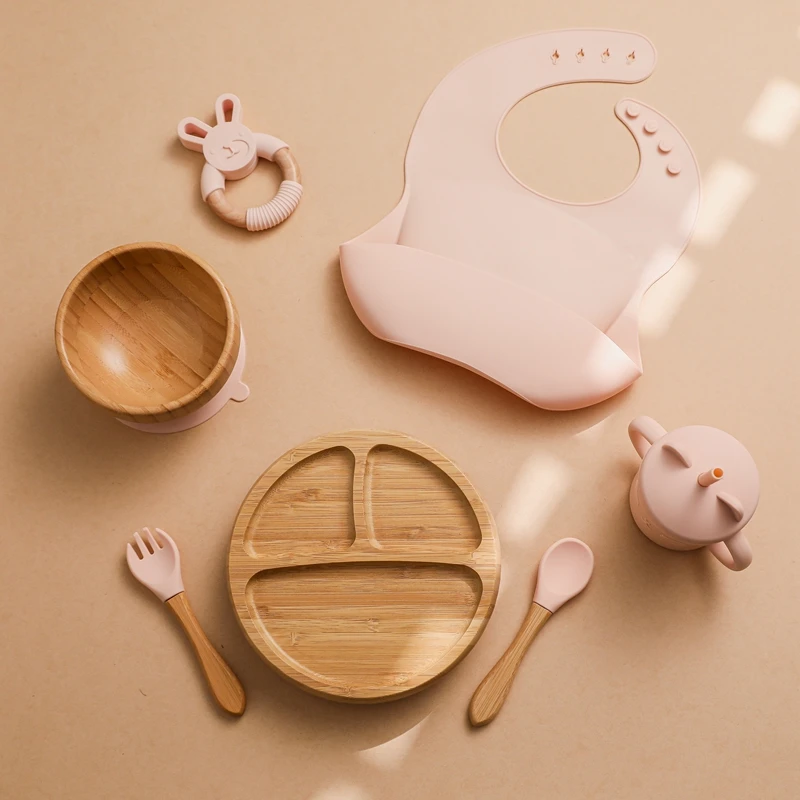 7Pcs Wooden Feeding Tableware Sets Kids Feeding Supplies Bamboo Dishes with Silicone Straw Cup Children Dinnerware Gift Set