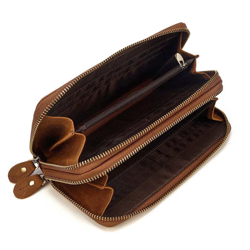 Мужские кошельки Crazy Horse из натуральной кожи с двойной молнией, Длинный кошелек, ретро клатч