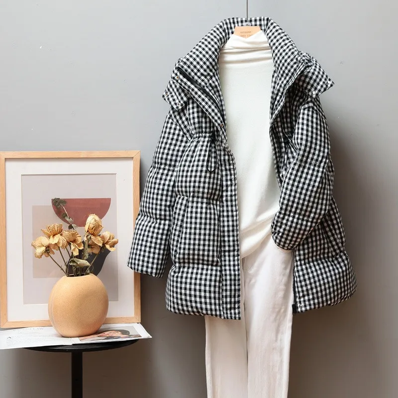 

Hooded Plaid Coat 2021 Autumn Winter Women Warm Thicken White Duck Down Coat Female Casual Loose Midi Long Oversize ParkasJacket