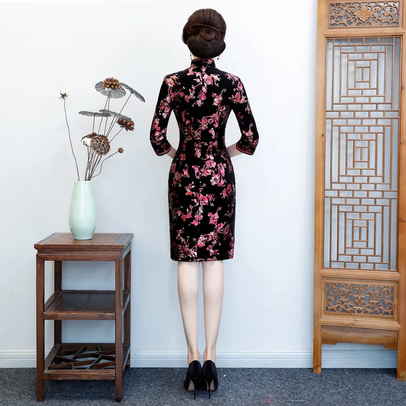 Осень и зима стиль средней длины рубашка с коротким рукавом бархат Cheongsam