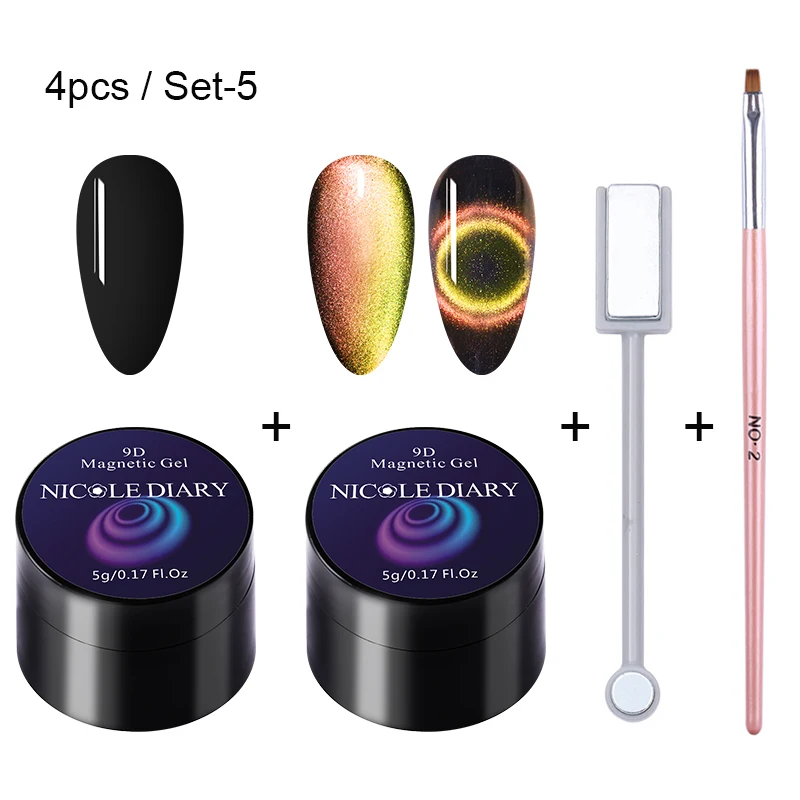 4pcs-Set-5 NICOLE DIARY 9D кошачий глаз УФ-гель замачиваемый Гель-лак для нейл-арта Магнитный лазер Сияющий лак для ногтей 5 мл Полупостоянный Гель-лак - Цвет: 4pcs-Set-5