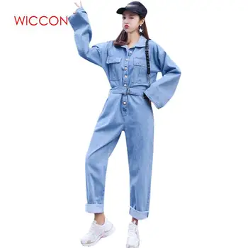 

2020 Spring Long Sleeve Bodysuit New Streetwear Style Denim Overalls Women High Waist Jeans Bodycon Romper Wide Leg Jumpsuit