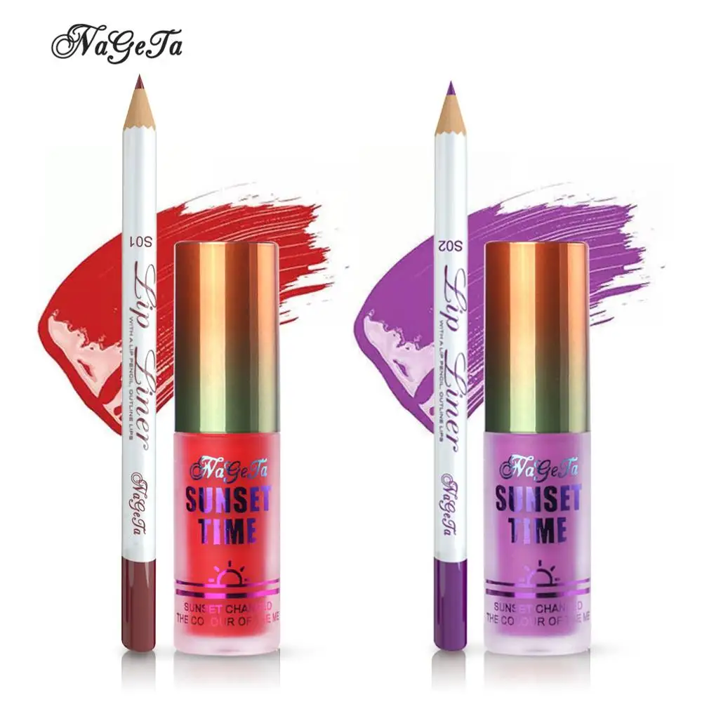Sexy Matte Lipstick Liquid Sets Moisturizer Velvet Lipgloss Lip Liner Kits Waterproof Red Purple Lip Gloss Makeup 2pcs