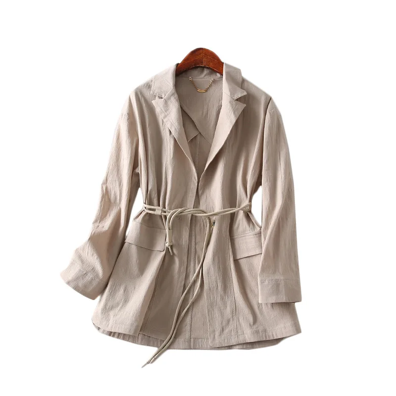 

Gg62 New Style Fashion Solid Color Versatile Drawstring Waist Hugging Fold-down Collar Long-sleeved Coat Women's