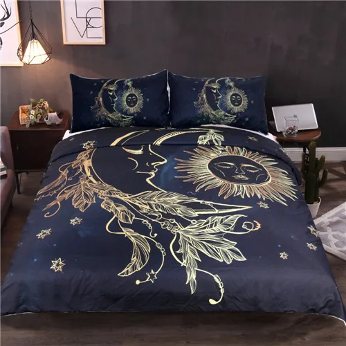 indian sun n moon mysterious golden bedding set king queen double full single size bed linen set 