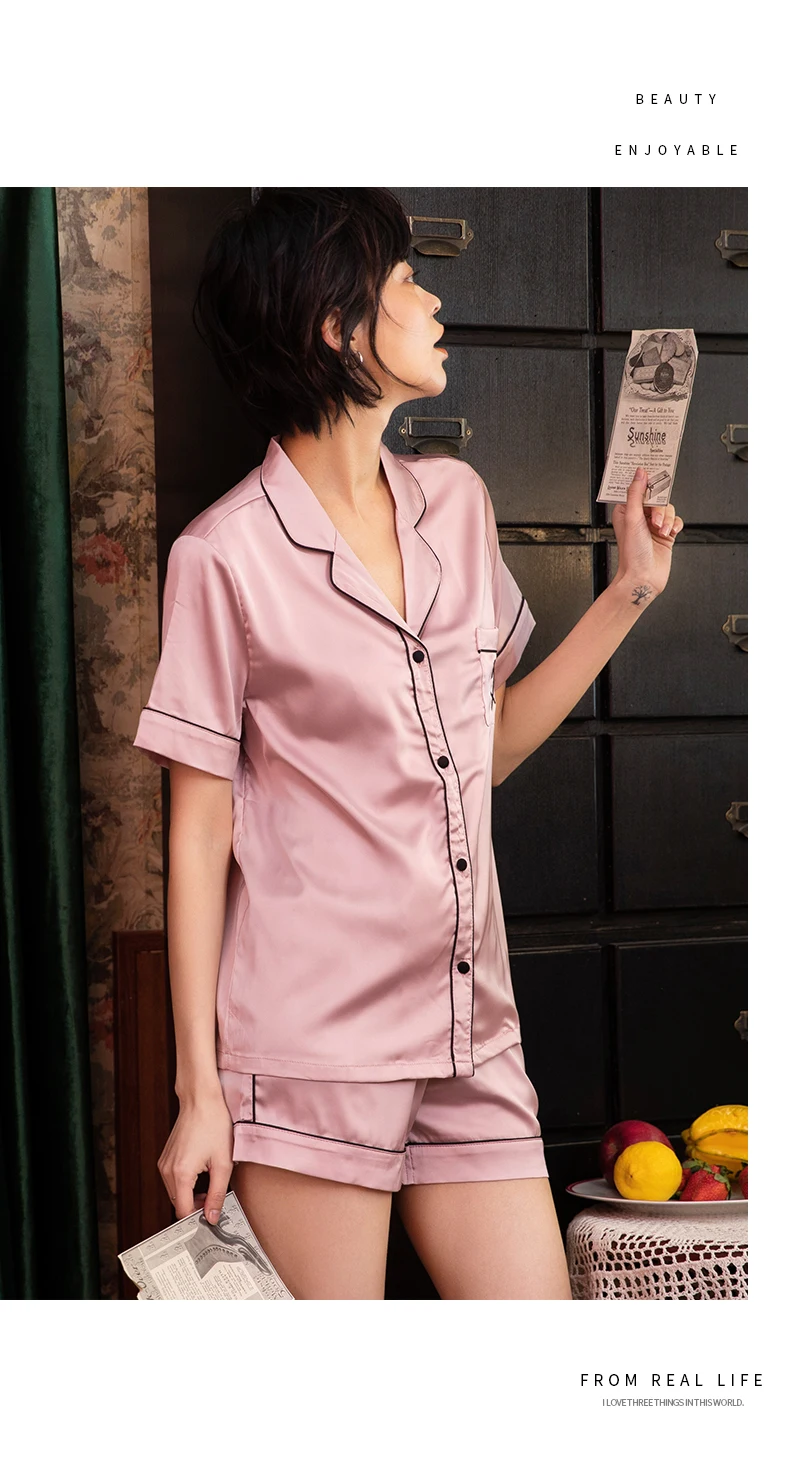 Pijamas de Seda para Mulher Conjunto de Cetim Casa Terno Coração Bordado Pijamas pj 2021 Verano Mujer 8 pijamas pijamas 2020 verano mujer