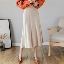 Gkfnmt/женские юбки с завышенной талией, Элегантные вязаные юбки Русалочки, осенне-зимние толстые теплые юбки средней длины в рубчик, Черная