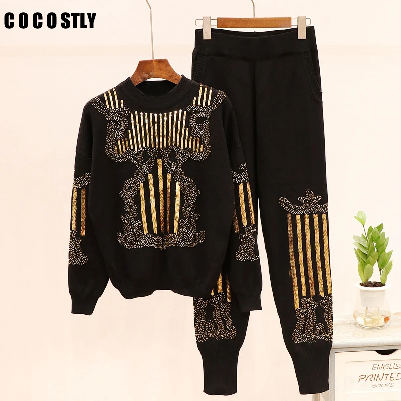 

2 piece set Women Handmade Beading Sequined Pattern Knitted Jumper Sweaters+Pants 2PCS matching Sets Casual Tracksuits
