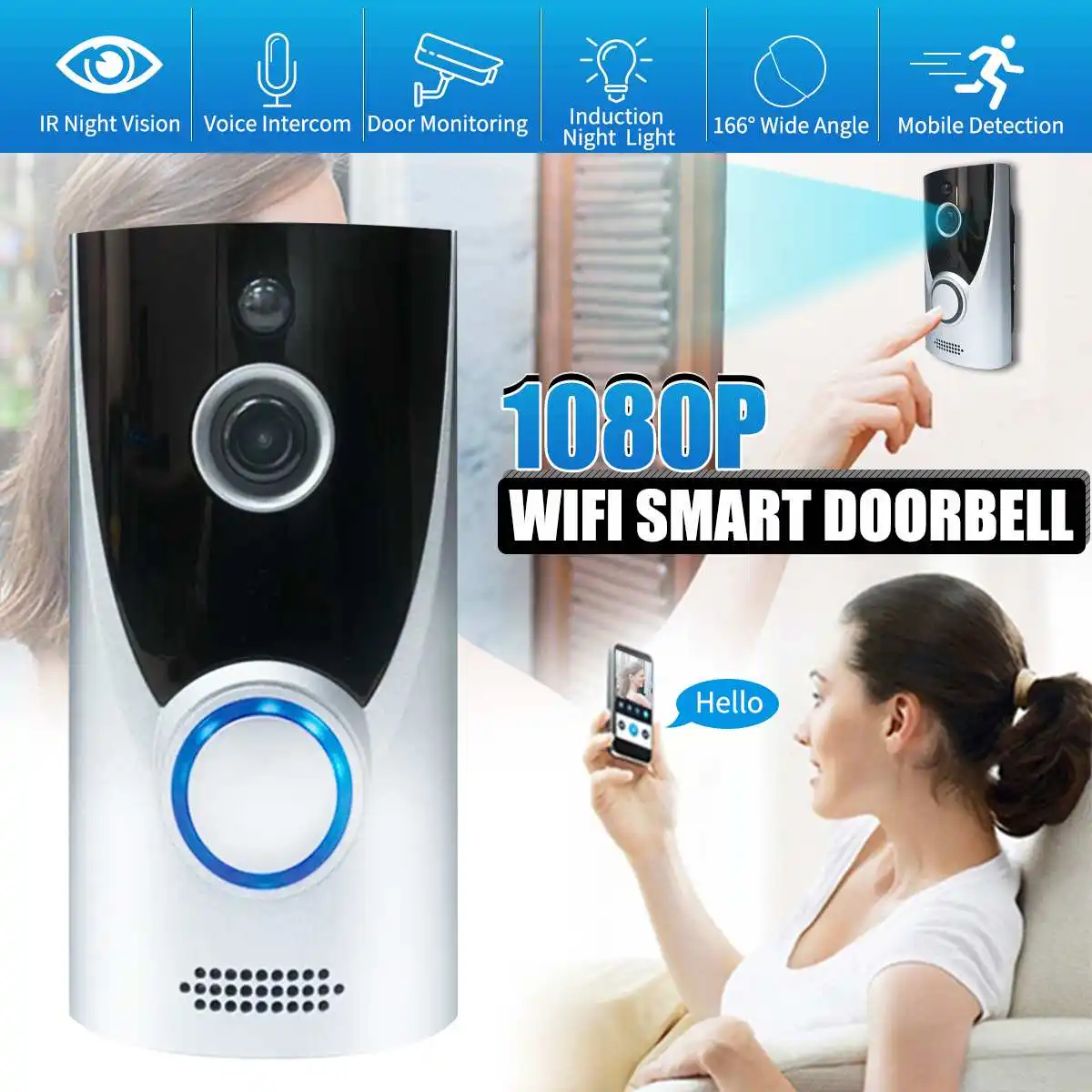 

Video Intercom Doorbell WIFI Wireless Smart Door Phone System Bell 1080P HD Camera Night Vision Unlock Motion Sensor Alarm