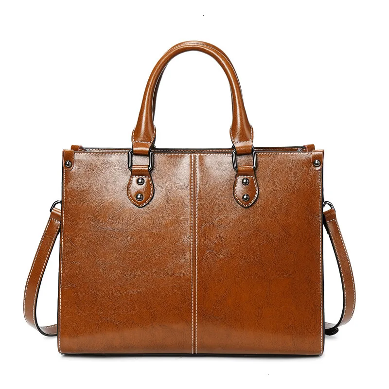 

Oil Wax Genuine Leather Bag Messenger Bags For Women Purse Patchwork Top Handle Crossbody Shoulder Office Ladies Handbag