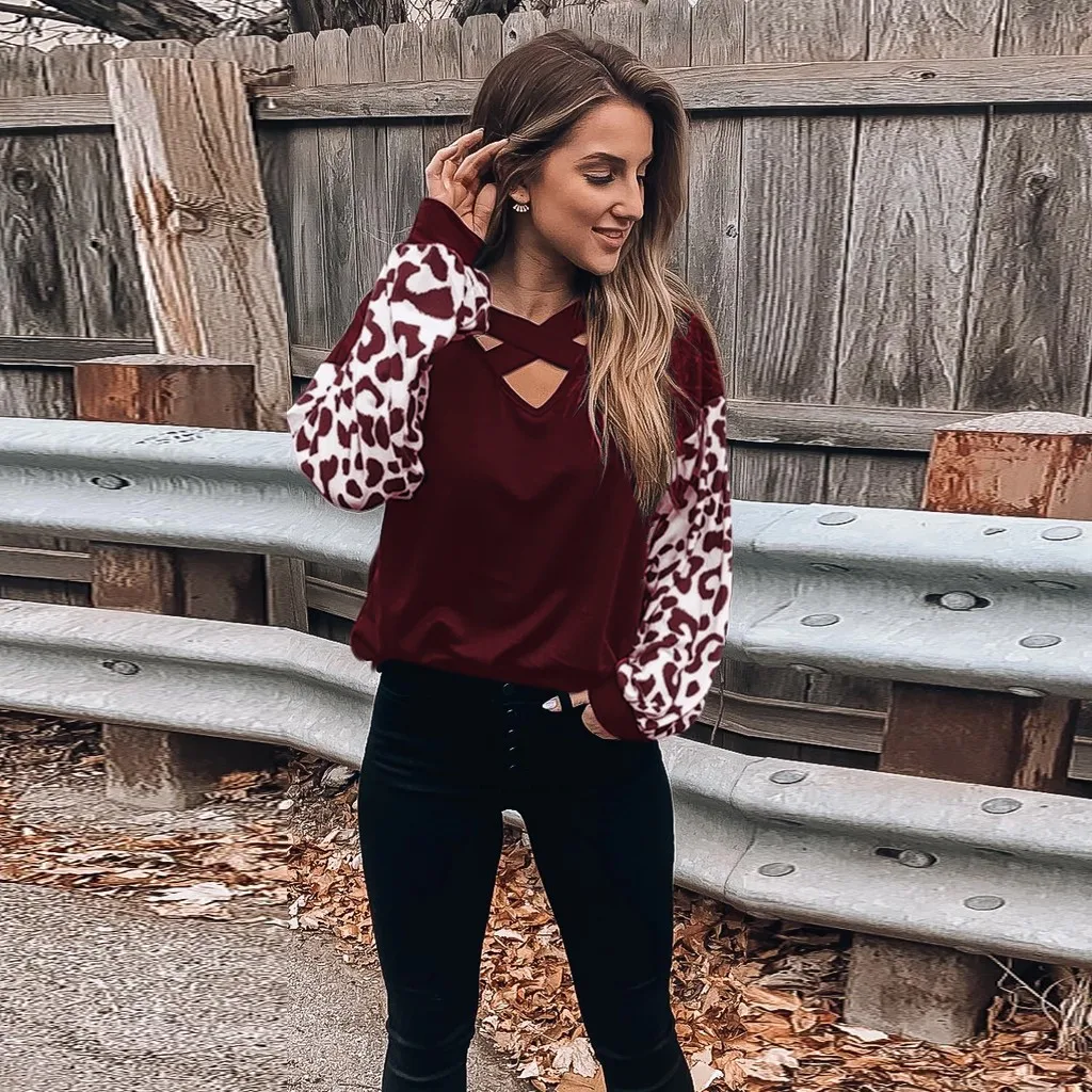 Женская футболка с длинным рукавом, леопардовая полоска, v-образный вырез, футболка, повседневные топы с крестиками, женская футболка, женская футболка