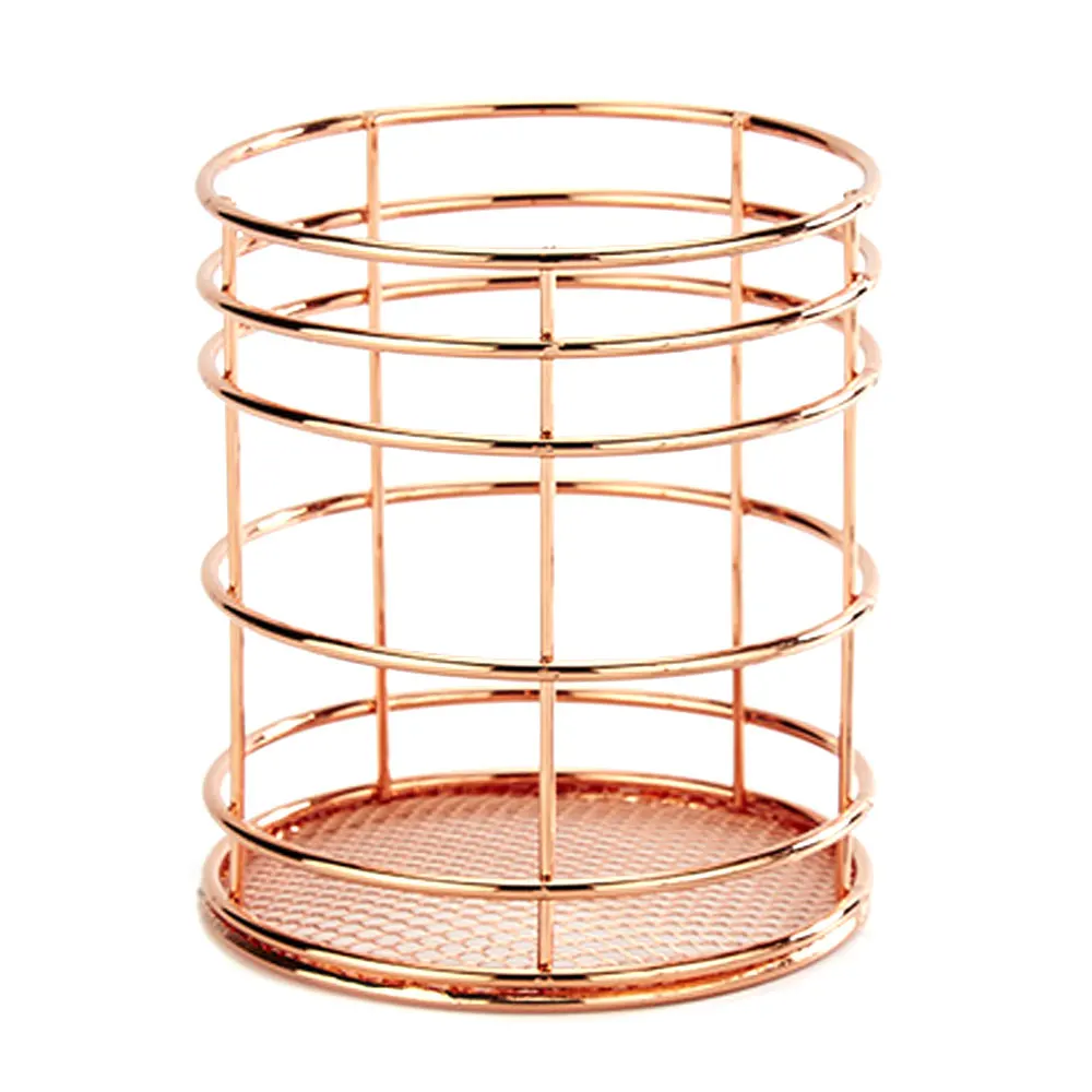 Rose gold Cylinder Hollow Makeup Cosmetic Brush Box Holder Stainless Steel Round Pen Pencil Pot Holder Tableware Desk Organizer Container - Цвет: Rose gold