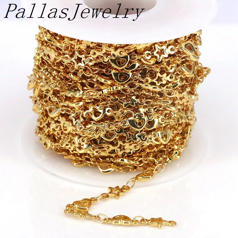 

5 метров, оптовая продажа, латунная цепь ручной работы, позолоченная звезда и сердце, латунная цепь из бусин для изготовления ожерелий, браслетов