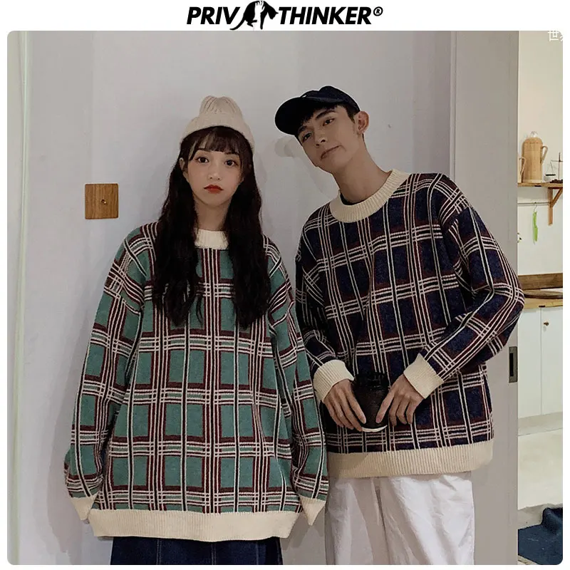 Privathinker, осень, вязанные уличные свитера для пар, для мужчин и женщин, жаккардовый клетчатый пуловер, одежда для влюбленных, рождественские свитера