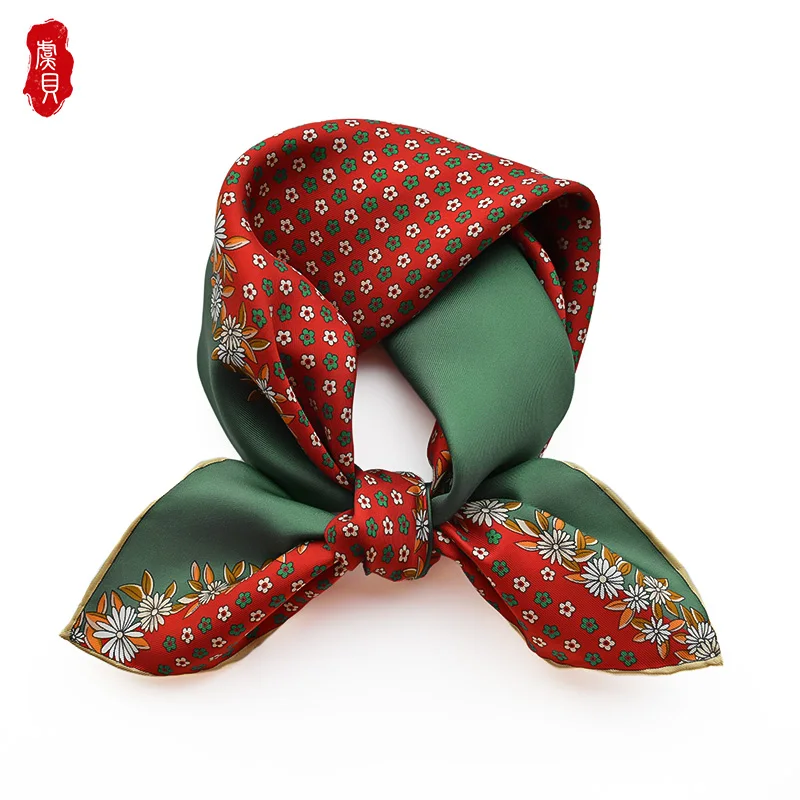 

Retro red green small scarf women with flowers 100% real silk twill hair band 50cm square scarves spring summer headscarf lady