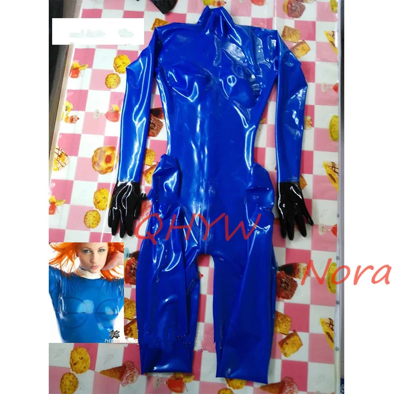 

Латексный комбинезон для женщин, металлик, синий, резиновый комбинезон, 3d грудь, молния сзади, черные перчатки, синие носки