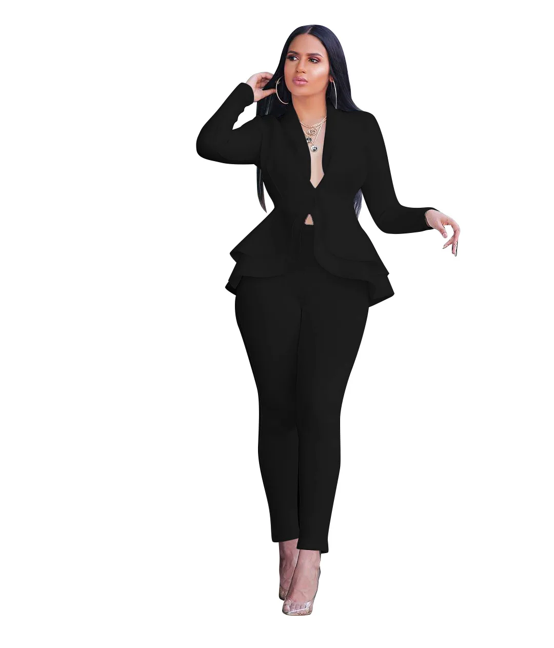 Комплект из блейзера и штанов с оборками, Офисная Женская одежда для работы и дня, осенний комплект из двух предметов с длинным рукавом, женские вечерние платья, деловой наряд-униформа - Цвет: Черный