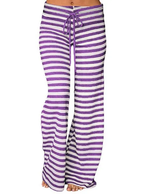 Print Sleep Bottom Women Cotton Long Pant Home Pajamas Soft Slip Summer Pants Drawstring Big Size Sexy Stripe Casual Big Size Purple Stripe