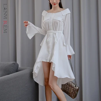 

LANMREM can ship 2020 spring summer new Strapless Long Sleeve Horn Sleeve Loose irregular Longuette black whtie shirt Dress YH88