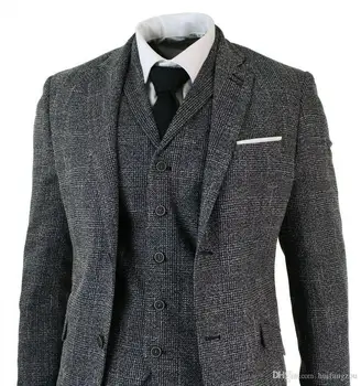 Tanie 2020 Vintage Męskie Garnitury Dopasowane Dopasowanie 3 Sztuka Szary Czarny Tweed W Jodełkę Vintage Retro Formalnym Garnitur Wełny Smokingi ślubne