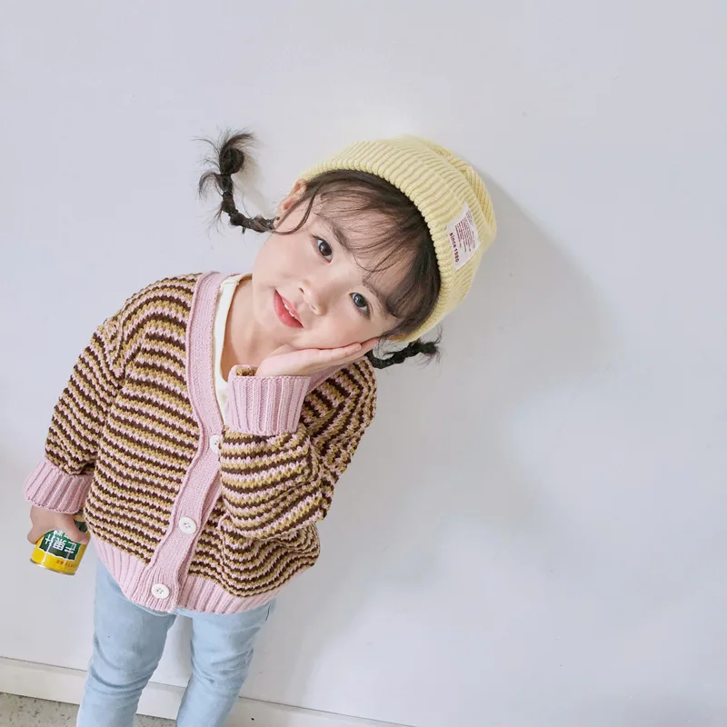 

Baby Girls Autumn Knitted Striped Cardigan New Korean Kids Long Sleeve V-neck Single-breasted Sweater For 1-7Yrs Kids Clothes