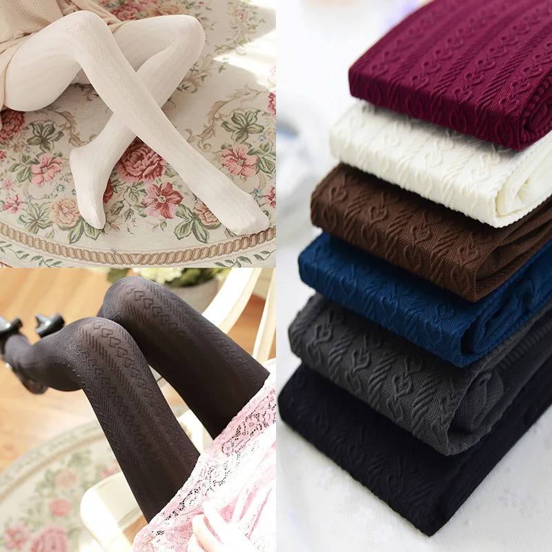 Зимние осенние теплые женские колготки 3D жаккардовые с сердечками сексуальные