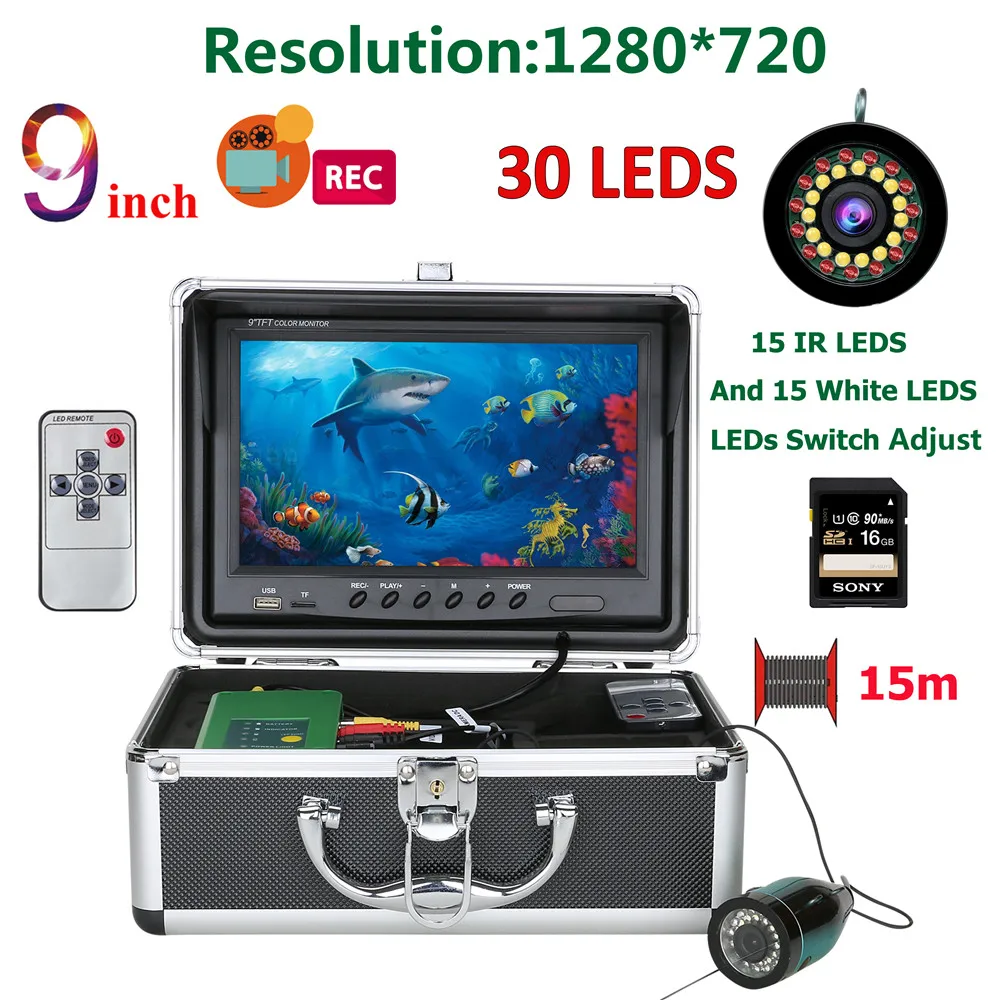 Caméra pêche sous-marine 9 pouces DVR 1080P double LED 15m/30m pour glace mer enregistrement HD