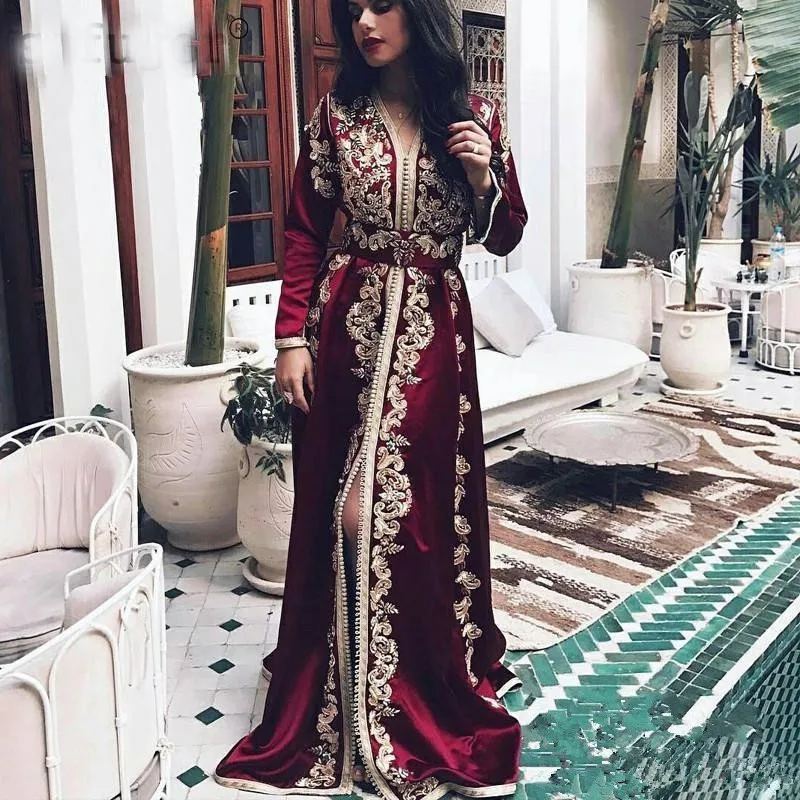 Бургундия марокканский кафтан вечернее платье с длинным рукавом Кружева Аппликации бархат мусульманский Арабский мусульманский особых случаев выпускного вечера