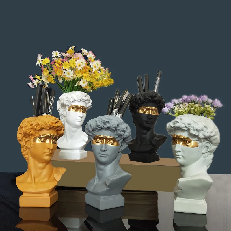 Plaster Resin Vase David Portrait Human Head Pen Holder Sculpture Figure Flower Pot Home Decoration Flowers Arrangement Crafts