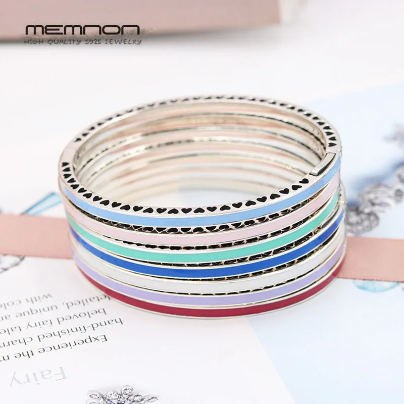 

Memnon Genuine 925 Sterling Silver Radiant Hearts bracelets Bangles with Ename DIY silver bracelets bangle for women YSZ048