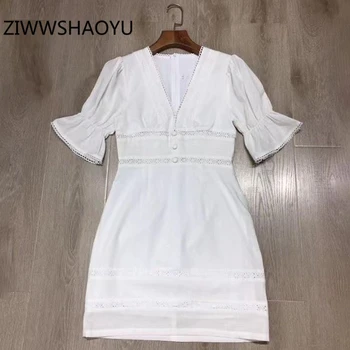 

ZIWWSHAOYU Summer Women White Sexy Deep V Neck Short Dress Fashion Designer Ladies Hollow Out Embroidery Sweet Mini Dresses