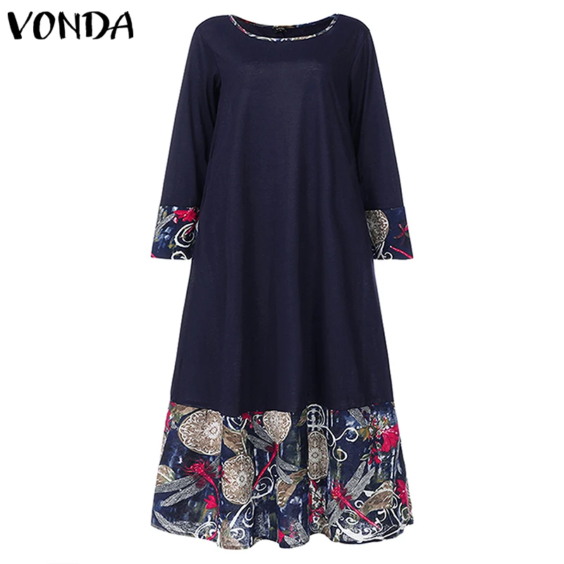 VONDA, женское длинное платье макси, повседневное, с длинным рукавом, в богемном стиле, с принтом, из кусков,, осеннее платье, вечерние платья размера плюс, женское платье