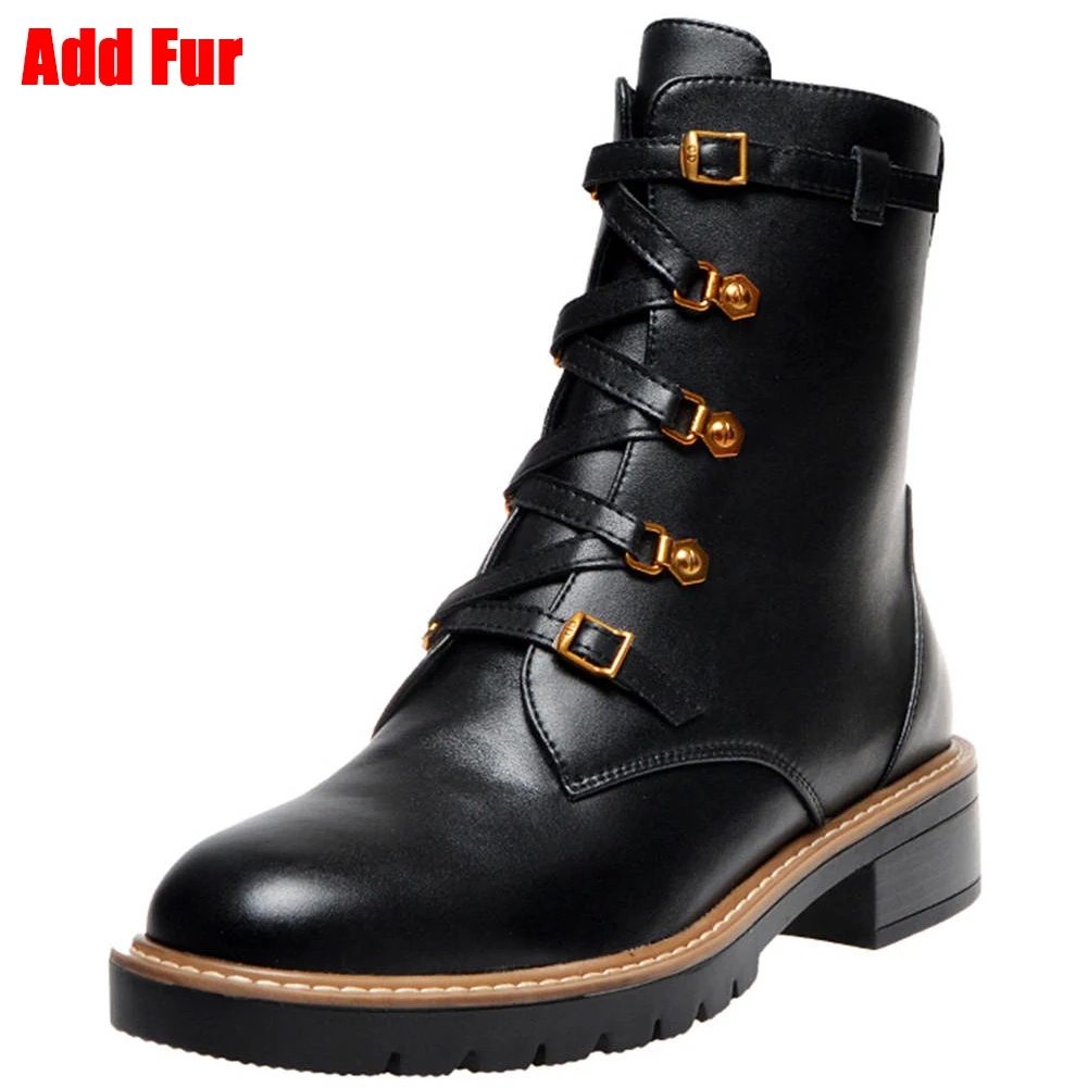 BONJOMARISA/Новинка 34-43; Роскошные брендовые ботинки из натуральной кожи; женские ботинки до середины икры на шнуровке; женская обувь на среднем каблуке года для свиданий - Цвет: black short add fur