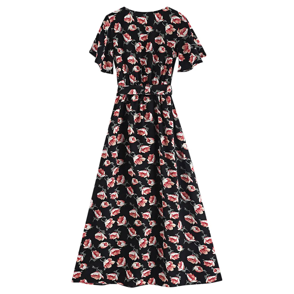 ZAFUL Crossover Maxi Floral Print Dress For Women A-Line Ankle-Length V-Neck Short Sleeves Self Tie Belt Dress Elegant
