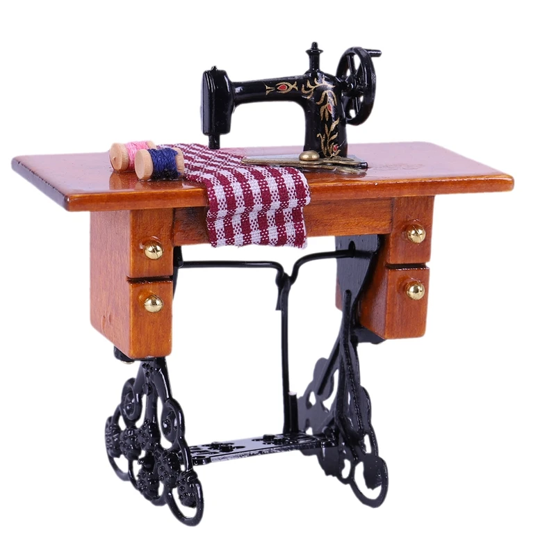  1Pcs Retro Dollhouse Miniature Furniture Sewing Machine with Accessory Wood Metal & 1Pcs Vintage Ty