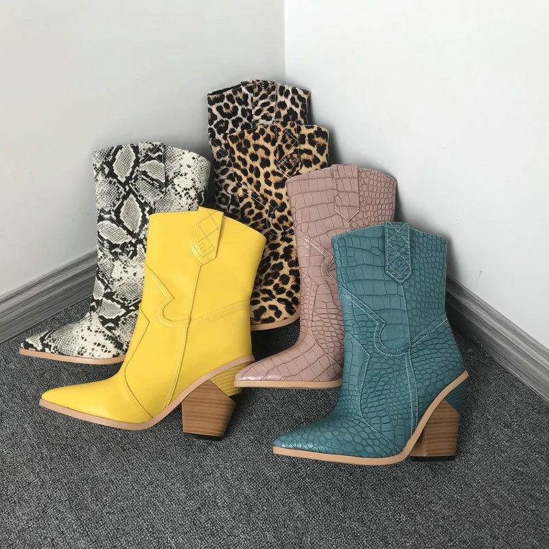 

2020 Snake Print Ankle Boots for Women Autumn Winter Western Cowboy Boots Women Wedge High Heel Boots White Black Yellow Boots
