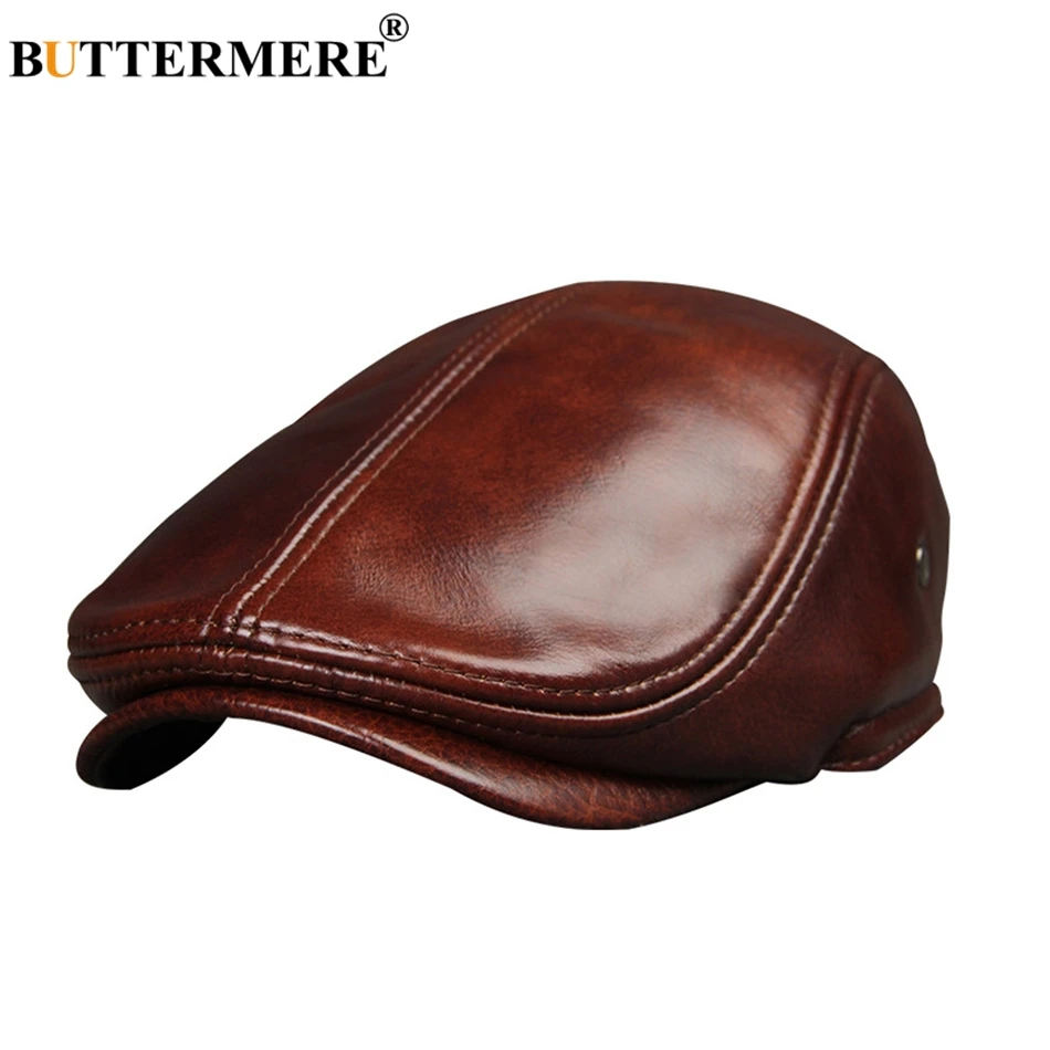 brown cap BUTTERMERE мужские кожаные береты кофейного утконоса, шапки плюща, Мужская облегающая плоская шапка из натуральной кожи, роскошная зимняя теплая шапка для живописцев - Цвет: brown cap