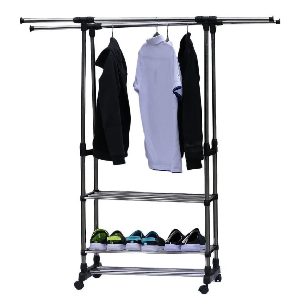  Portable Dual Bars Adjustable Double Pole Clothes Coat Garment Dryer Rack Rail Hanging Hanger Shoe 