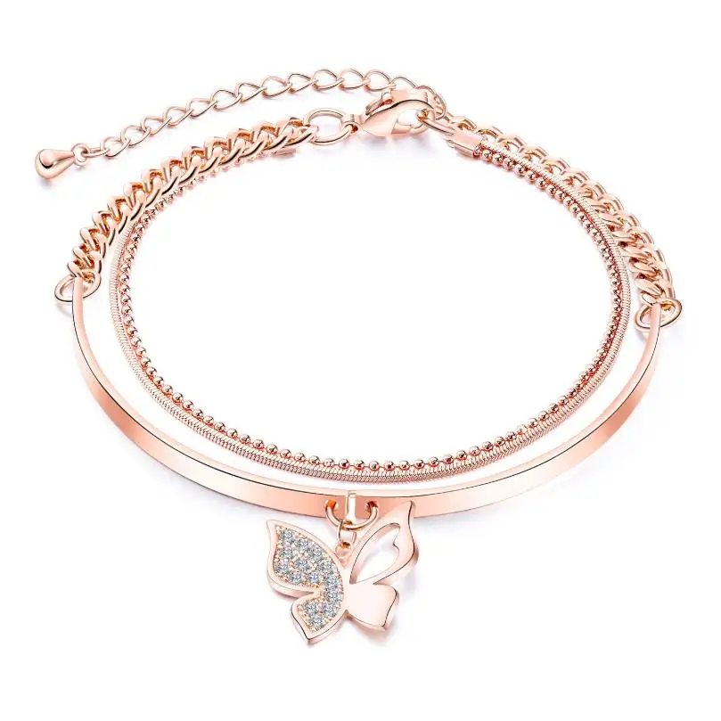 Браслет из нержавеющей стали розового золота для женщин, модный многослойный браслет-цепочка, подвеска в виде бабочки, ювелирные изделия